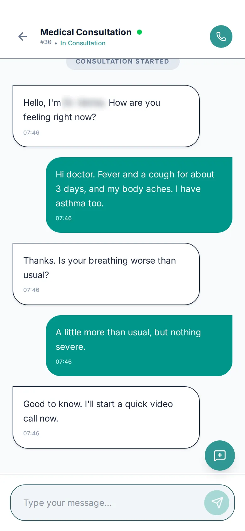 A chat between a patient and a doctor in TheER. The patient describes a fever and cough, and the doctor says they will start a video call.