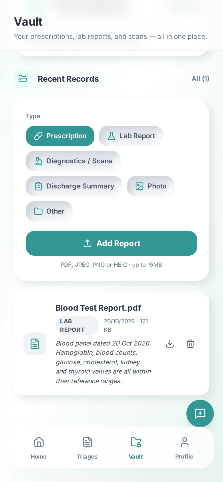 TheER health vault with buttons to add a prescription, lab report, scan or other document, and a lab report with a short plain-language summary.